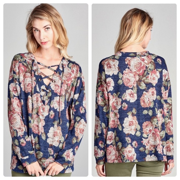 A Girl Thing Tops - 🌺2/$35 sale soft hacci floral lace up top